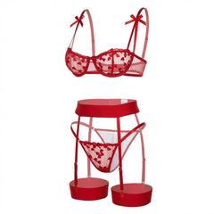 Emilia | Damen Bestickte Mesh Dessous-Set mit Strumpfhalter in Rot