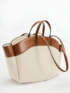 Marie | Damen Canvas Tote Bag große Schultertasche mit Lederdetails in Beige und Braun