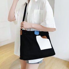 Emilia | Damen Canvas Tote Bag Schultertasche Farbblock PU-Leder in Schwarz