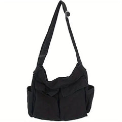 Marie | Damen Canvas Tote Bag Vintage Umhängetasche mit Außentaschen in Schwarz