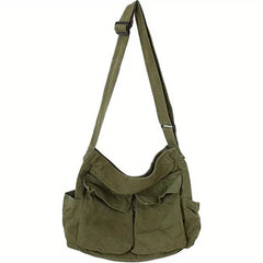 Marie | Damen Canvas Tote Bag Vintage Umhängetasche mit Außentaschen in Armeegrün