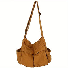 Marie | Damen Canvas Tote Bag Vintage Umhängetasche mit Außentaschen in Khaki