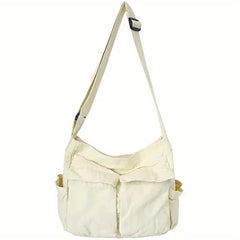 Marie | Damen Canvas Tote Bag Vintage Umhängetasche mit Außentaschen in Weiss