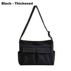 Marie | Damen Canvas Tote Bag Vintage Umhängetasche mit Außentaschen in Schwarz verdickt