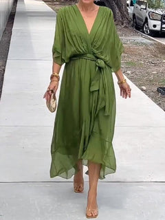 Sophie | Damen Chiffon Cocktailparty-Kleid V-Ausschnitt Taillengürtel Midi in Grün