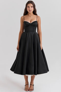 Annika | Damen Cocktailkleid Midi Schwingrock Bügelcup Trägerkleid in Schwarz
