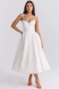 Annika | Damen Cocktailkleid Midi Schwingrock Bügelcup Trägerkleid in Weiß