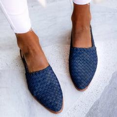 Charlotte | Damen Comfortable Sandals Leder Geflochten Spitzer Slingback Flach in Marine