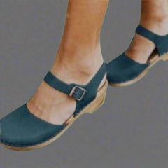 Marie | Damen Comfortable Sandals Plateau-Clogs Lederriemen Holzsohle in Blau
