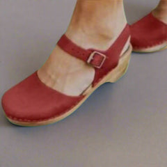 Marie | Damen Comfortable Sandals Plateau-Clogs Lederriemen Holzsohle in Rot