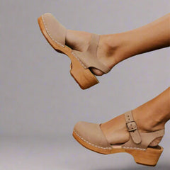 Marie | Damen Comfortable Sandals Plateau-Clogs Lederriemen Holzsohle in Beige