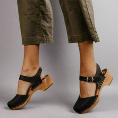 Marie | Damen Comfortable Sandals Plateau-Clogs Lederriemen Holzsohle in Schwarz