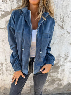 Mia | Damen Cord Kapuzenjacke mit Reißverschluss Oversized Freizeitjacke in Blau