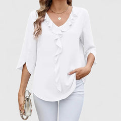 Marlene | Damen Elegante Rüschen-Bluse V-Ausschnitt Halbarm in White