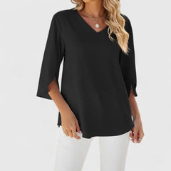 Marlene | Damen Elegante Rüschen-Bluse V-Ausschnitt Halbarm in Classic Black