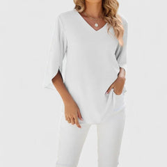 Marlene | Damen Elegante Rüschen-Bluse V-Ausschnitt Halbarm in Classic White