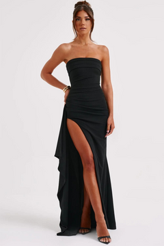 Damen elegantes Abendkleid mit hohem Beinschlitz | Maxi in Schwarz