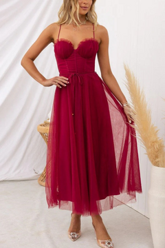 Damen elegantes fließendes Kleid für Hochzeitsgäste | Midi in Weinrot