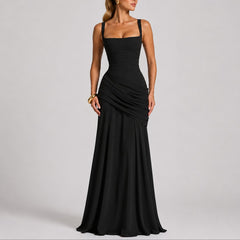 Johanna | Damen Elegantes Gerafftes Maxi Hochzeitskleid Abendkleid Quadratausschnitt in Schwarz