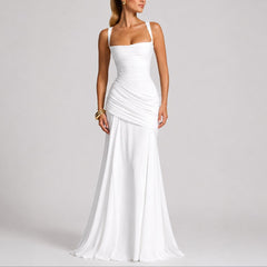 Johanna | Damen Elegantes Gerafftes Maxi Hochzeitskleid Abendkleid Quadratausschnitt in Weiß