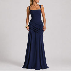 Johanna | Damen Elegantes Gerafftes Maxi Hochzeitskleid Abendkleid Quadratausschnitt in Marineblau