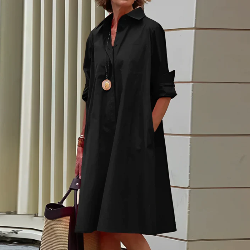 Damen elegantes Hemdkleid mit langen Ärmeln | Midi
