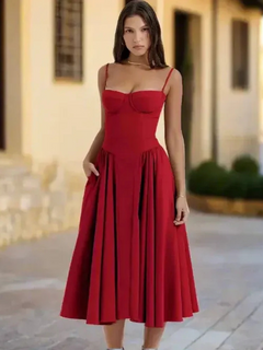 Damen elegantes Taillenformendes Sommerkleid | Midi in Rot