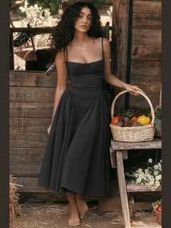 Damen elegantes Taillenformendes Sommerkleid | Midi in Schwarz