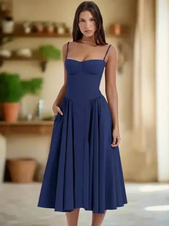 Damen elegantes Taillenformendes Sommerkleid | Midi in Blau