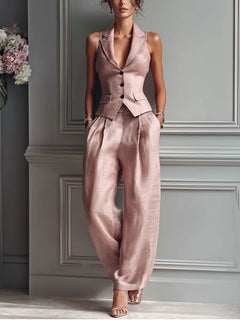 Frieda | Damen Elegantes Wide-Leg-Hosen Leinenoptik Zweiteiler mit Weste in Hellrosa