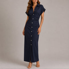 Sophie | Damen Figurbetontes Maxi-Hemdblusenkleid für Herbst-Hochzeitsgäste in Marineblau