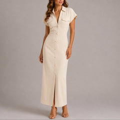Sophie | Damen Figurbetontes Maxi-Hemdblusenkleid für Herbst-Hochzeitsgäste in Beige
