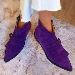 Charlotte | Damen Fransen Ankle Boots Spitze Zehenform Wildleder-Optik in Lila