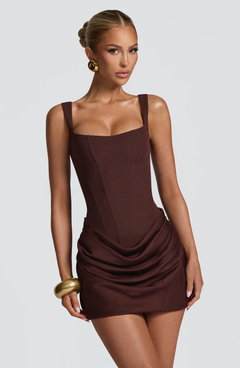 Damen Gerafftes Minikleid mit Karree-Ausschnitt und breiten Trägern in Braun