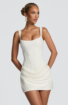 Damen Gerafftes Minikleid mit Karree-Ausschnitt und breiten Trägern in Weiß