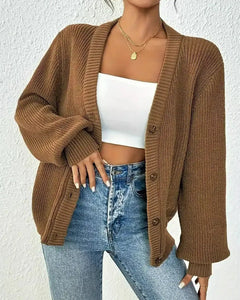 Damen Gerippte Strickjacke mit V-Ausschnitt Knopfverschluss und Ballonärmeln in Beigebraun