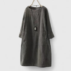 Damen Geripptes Rundhals-Midikleid mit Dreiviertelärmeln und Fronttaschen in Grau