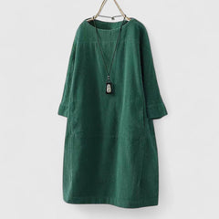 Damen Geripptes Rundhals-Midikleid mit Dreiviertelärmeln und Fronttaschen in Grün