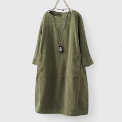 Damen Geripptes Rundhals-Midikleid mit Dreiviertelärmeln und Fronttaschen in Hellgrün