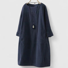 Damen Geripptes Rundhals-Midikleid mit Dreiviertelärmeln und Fronttaschen in Marineblau