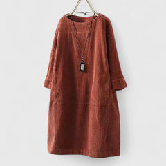 Damen Geripptes Rundhals-Midikleid mit Dreiviertelärmeln und Fronttaschen in Orange
