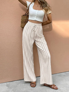 Lena | Damen Gestreifte Wide Leg Pants Leinenhose Elastischer Kordelzugbund in Aprikose