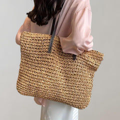 Johanna | Damen großer geflochtener Bohemian Stroh Tote Bag Schultertasche in Khaki