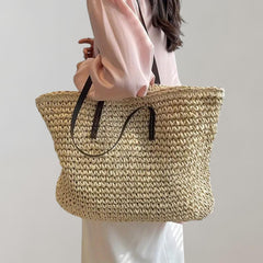 Johanna | Damen großer geflochtener Bohemian Stroh Tote Bag Schultertasche in Beige