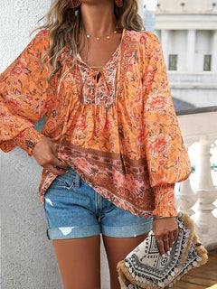 Damen Hemd mit Blumenmuster und V-Ausschnitt in Orange