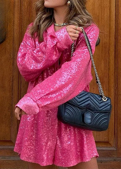 Damen Hemdbluse mit Paillettenbesatz Hemdkragen Langen Ärmeln und Knopfverschluss in Rosa