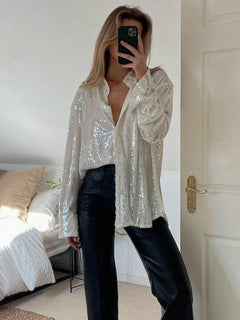 Damen Hemdbluse mit Paillettenbesatz Hemdkragen Langen Ärmeln und Knopfverschluss in Weiß