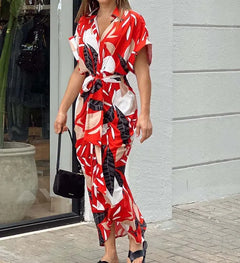 Damen Hemdblusenkleid in Midi-Länge mit Kragen Knopfleiste Bindegürtel und Kurzen Ärmeln in Rot