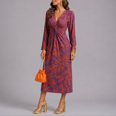 Sophie | Damen Herbst Hochzeitsgast Kleid Boho Blumen Twist Midi V-Ausschnitt in Lila