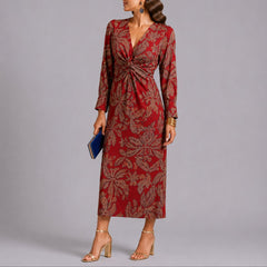 Sophie | Damen Herbst Hochzeitsgast Kleid Boho Blumen Twist Midi V-Ausschnitt in Rot